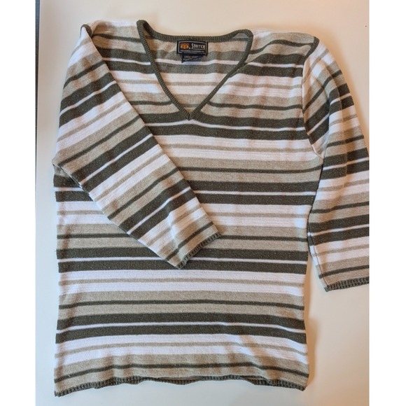 Route 66 Sweaters - Route 66 Stretch Womens V-Neck 3/4 Sleeve Striped Knit Size L Made in USA VTG